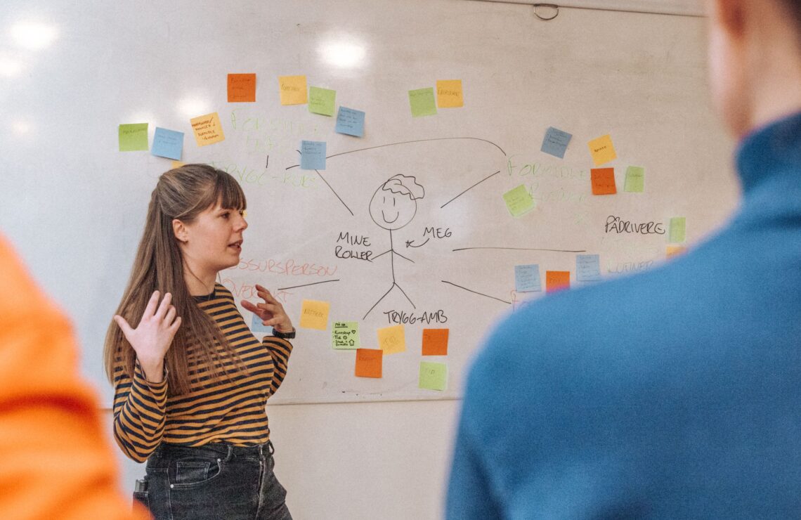 Kursholder snakker foran whiteboard med post-its.