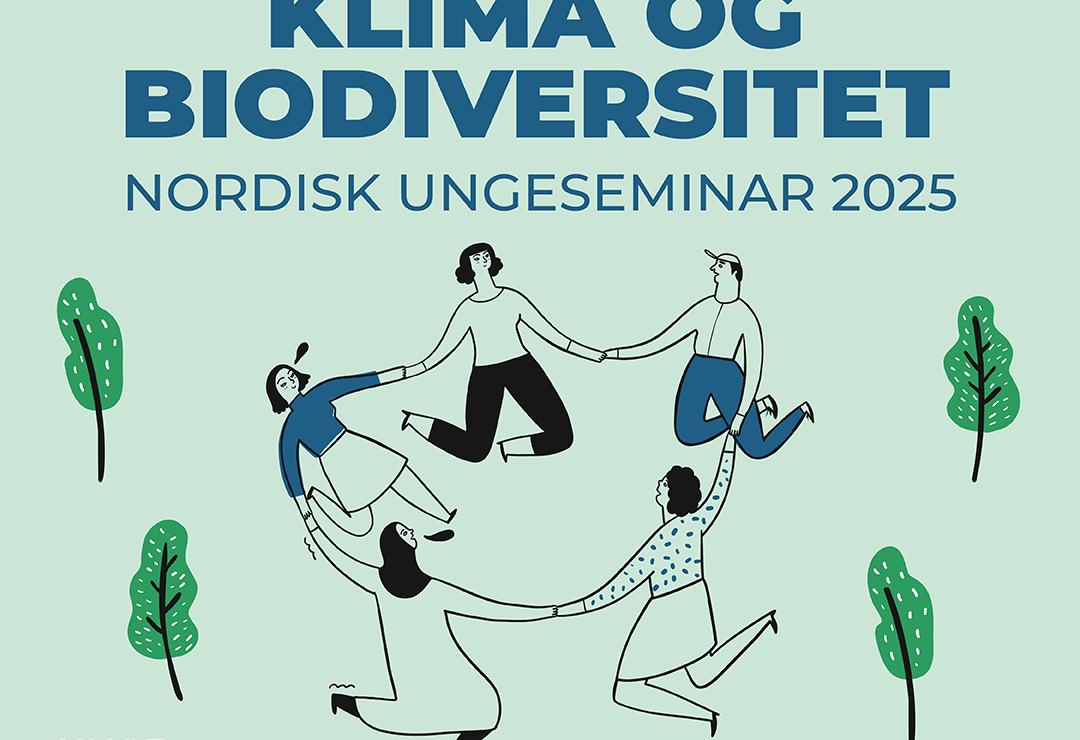 Illustrasjon om Nordisk ungeseminar 2025 om klima og biodiversitet. Tegningen viser fem mennesker som holder hender i en ring, og trær.