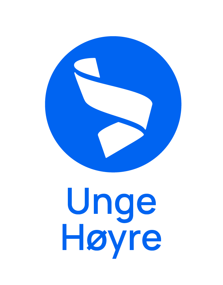 Unge Høyres landsforbunds logo. en blå sirkel med et hvitt bånd som bøyer seg rundt seg selv i midten av sirkelen. teksten "unge høyre" under sirkelen, også i blått