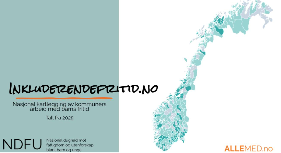 illustrasjonsbilde. tekst på bilde "inkluderendefritid.no) svart tekst på blå bakgrunn. halve bildet viser et Norgesklart med kommuneinndelinger i blått på hvit bakgrunn.
